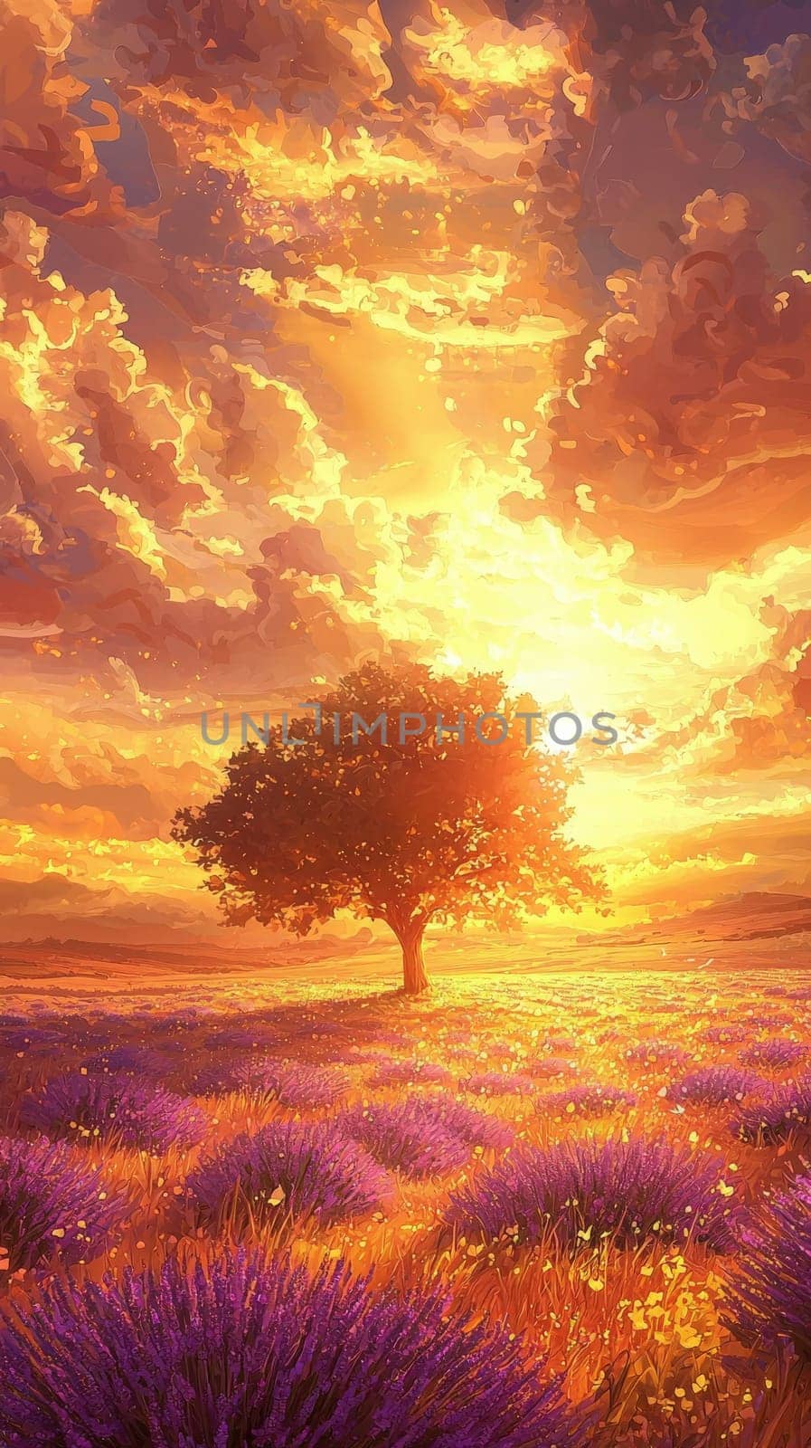 A stunning sunset paints the sky with warm colors above a lavender field. A single tree stands prominently against the colorful backdrop, creating a serene and peaceful atmosphere.