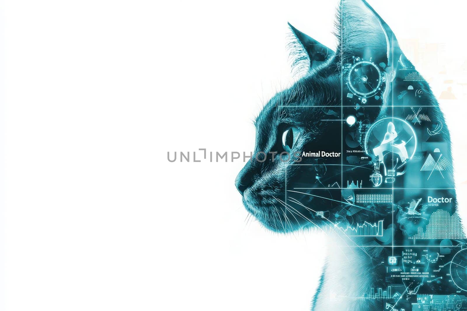A cats silhouette is filled with digital graphics representing veterinary medicine and animal health services. The design emphasizes the importance of care for pets in modern practices.