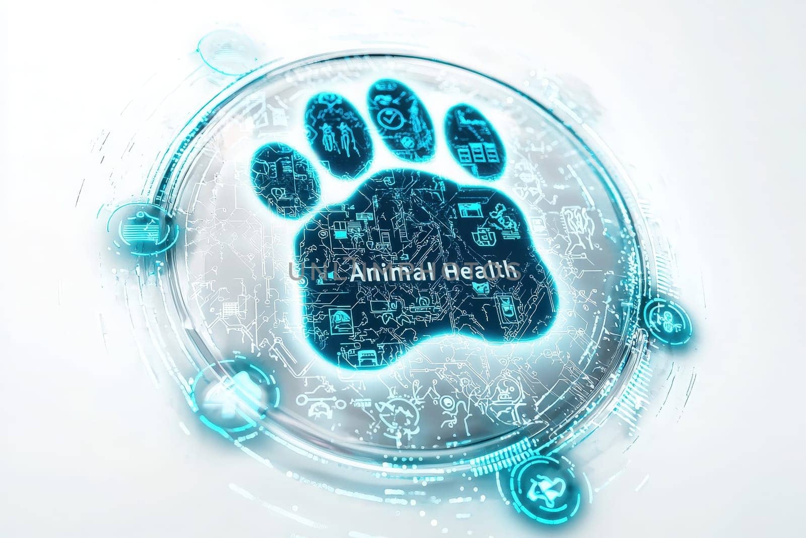 A glowing paw print represents key concepts in animal health, surrounded by digital icons related to veterinary care and animal wellbeing. The design emphasizes modern technologys role in this field.