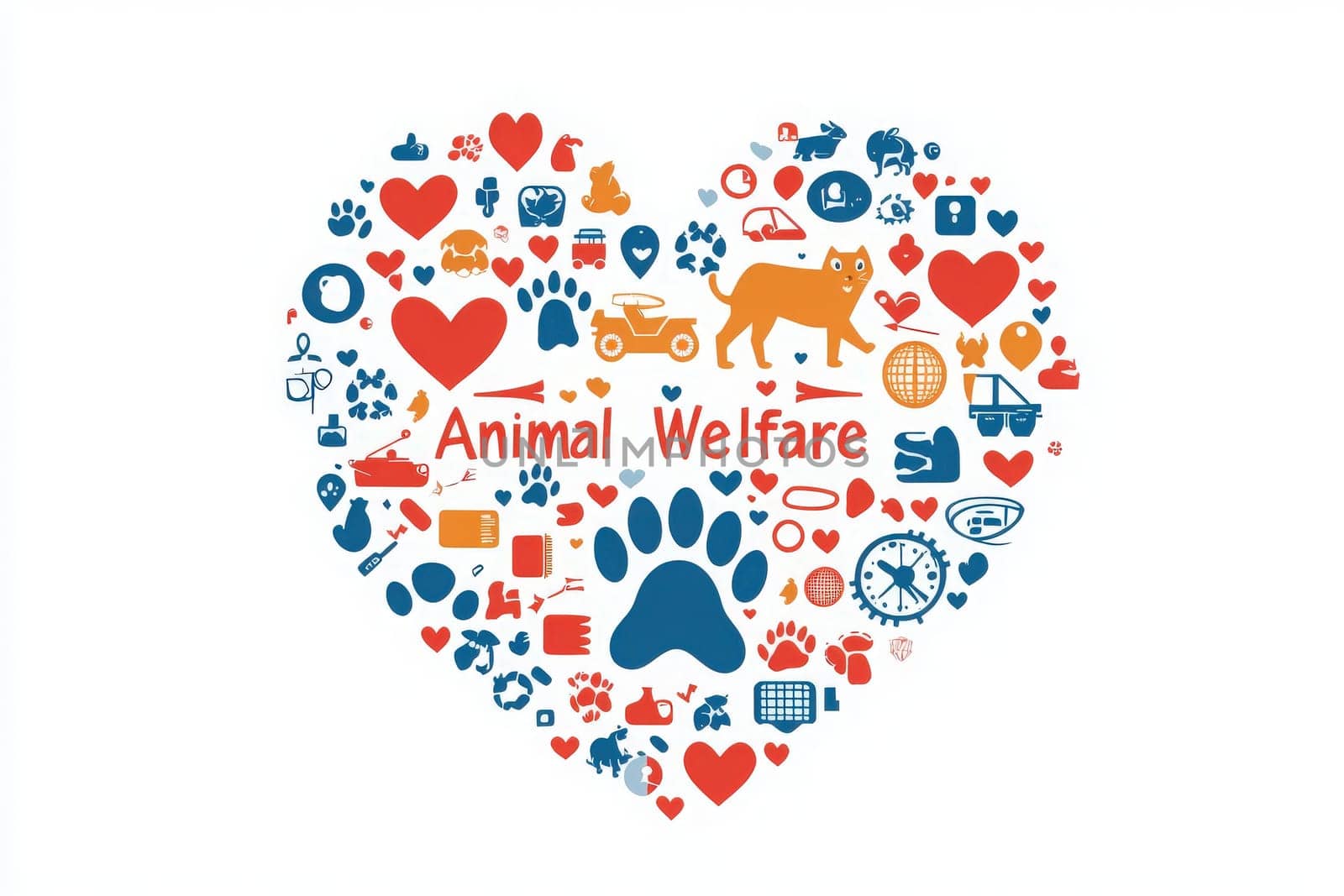 A heart-shaped arrangement features diverse icons representing animal welfare, including pets, hearts, and tools. The vibrant design highlights the importance of caring for animals.