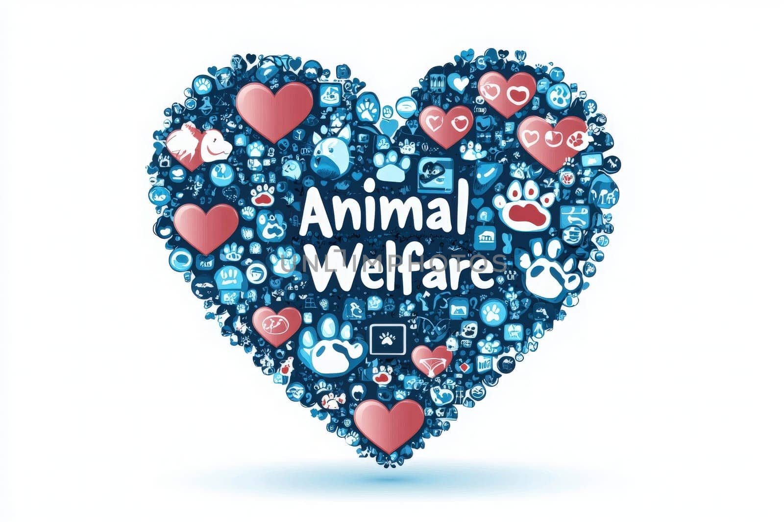 A colorful heart-shaped collage filled with icons representing animal welfare, including paw prints, hearts, and various pet-related symbols.