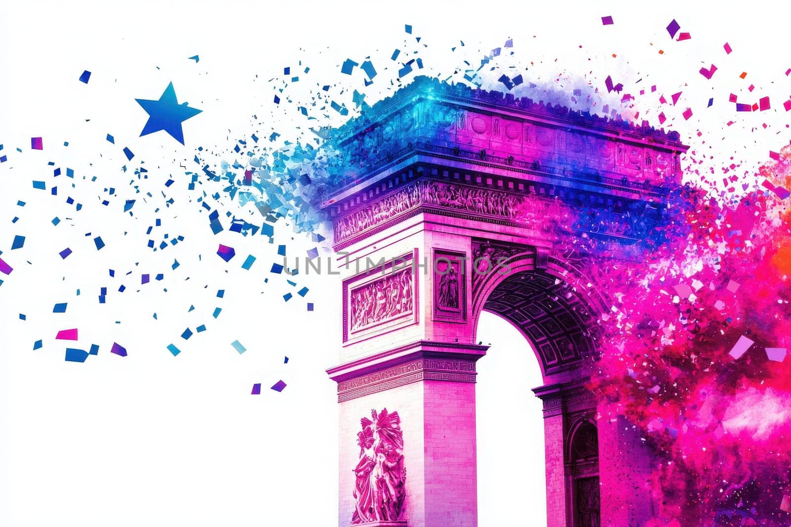Bright colors burst around the historic Arc de Triomphe in Paris, illuminating the area as confetti and stars fill the air during a festive occasion, creating a vibrant atmosphere.