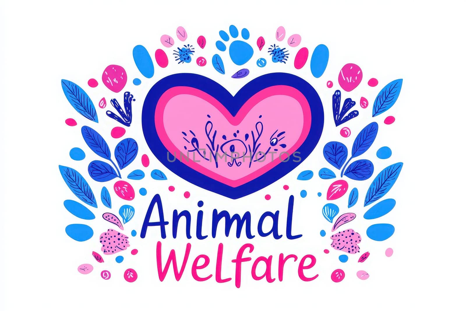 A vibrant heart design intertwined with various plants and animal motifs emphasizes the importance of animal welfare.