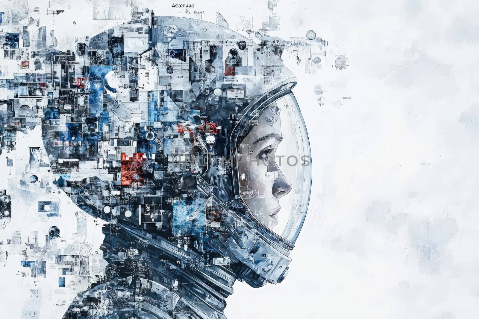 A detailed depiction of an astronauts profile is surrounded by an array of abstract digital elements and technology imagery.