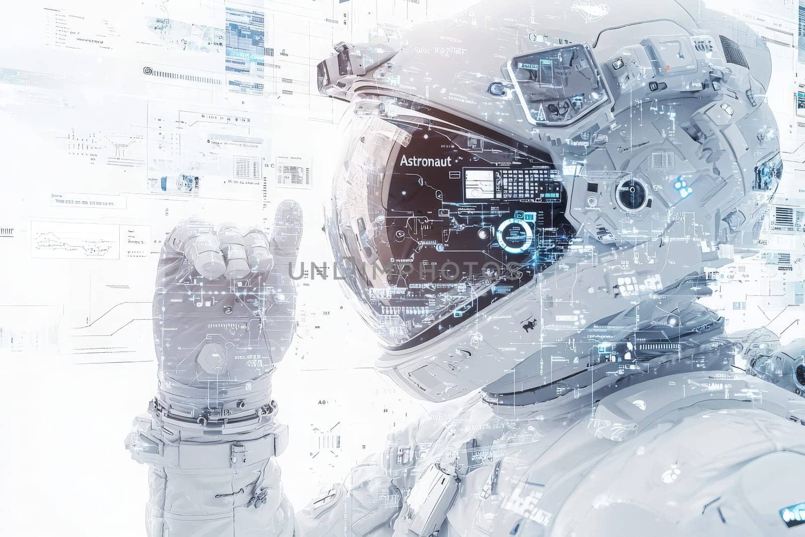 An astronaut in a sleek space suit interacts with a holographic digital interface, surrounded by data and technology elements. The scene conveys a sense of advanced space exploration and innovation.