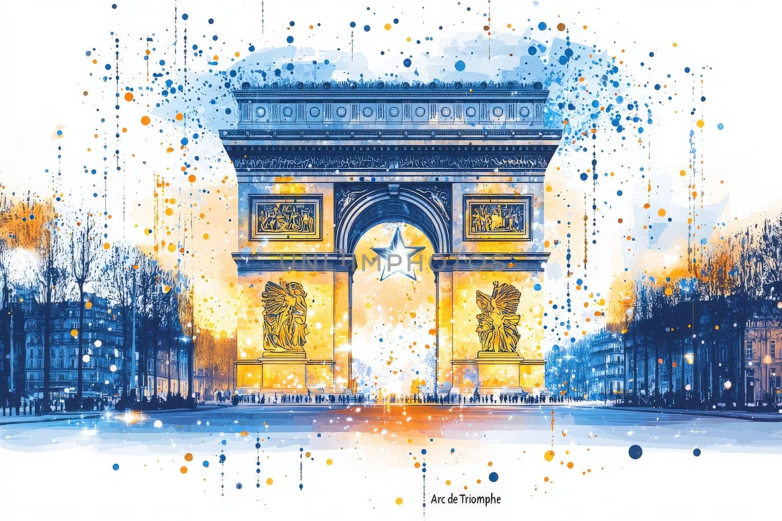 A vibrant artwork showcases the Arc de Triomphe, with glowing details under a twilight sky. The structure is framed by colorful splashes, emphasizing its majestic presence in the heart of Paris.