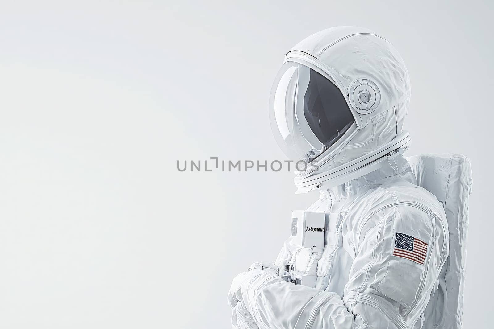 An astronaut dressed in a white space suit stands silently with a focused demeanor. The setting features a plain background, highlighting the suits design and the American flag emblem.
