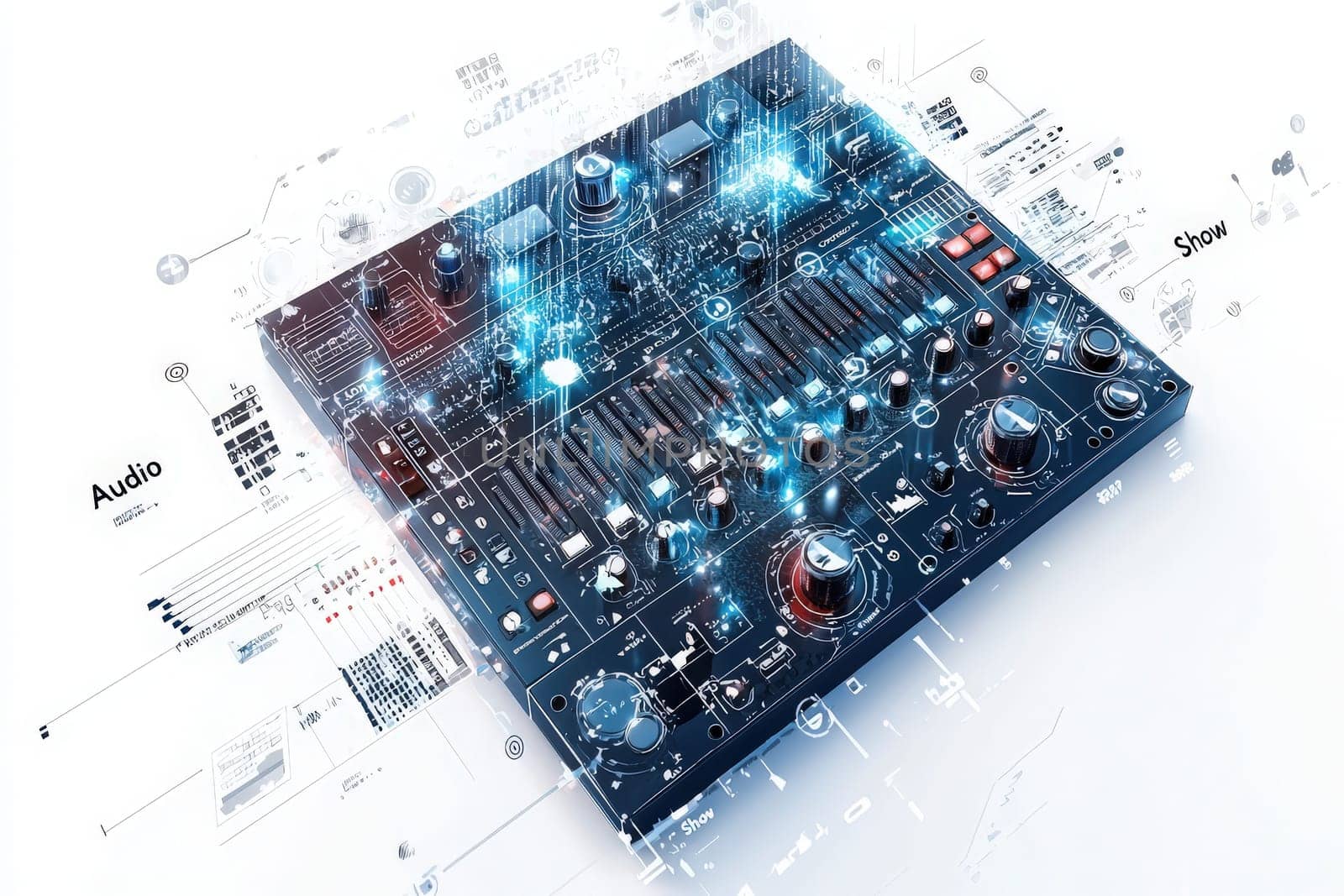 A digital audio mixer is displayed with glowing effects and futuristic graphics, highlighting its controls and connections in a modern tech setting.