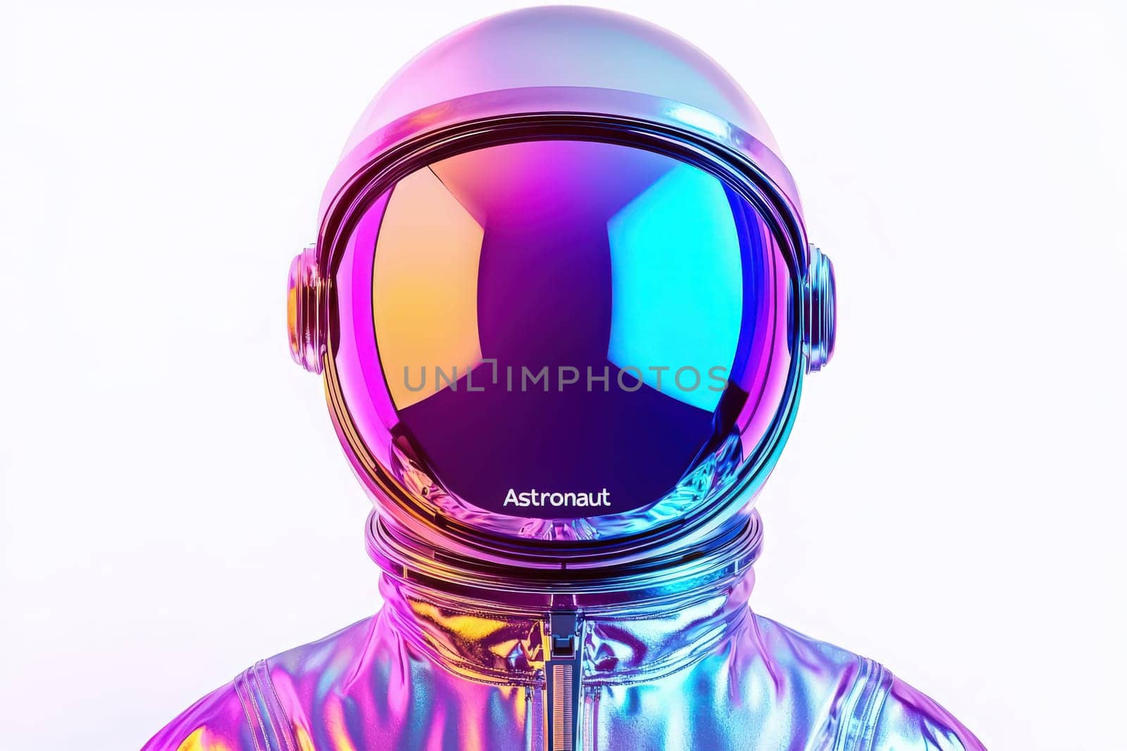 An astronaut helmet shines with a blend of colors, featuring a large reflective visor. The design conveys a futuristic theme, emphasizing the beauty and innovation of space exploration.