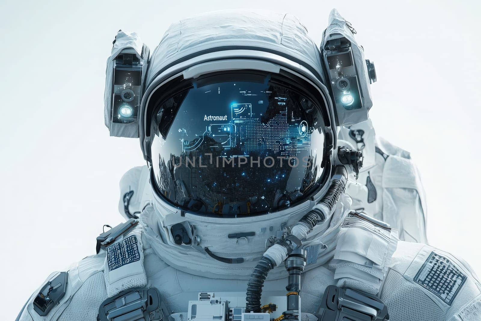 An astronaut stands facing forward, showcasing a detailed space suit. The helmet features a futuristic display with digital data and a reflection of the cosmos.