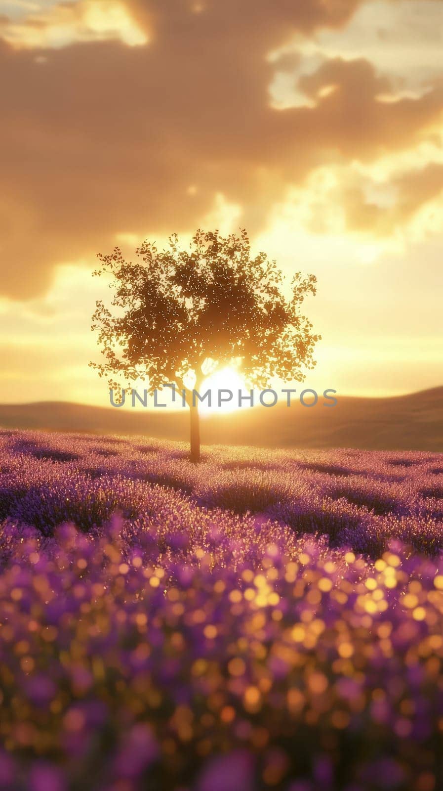 A solitary tree stands in the center of a vibrant lavender field, illuminated by a warm sunset. Golden light filters through the branches, creating a tranquil atmosphere.