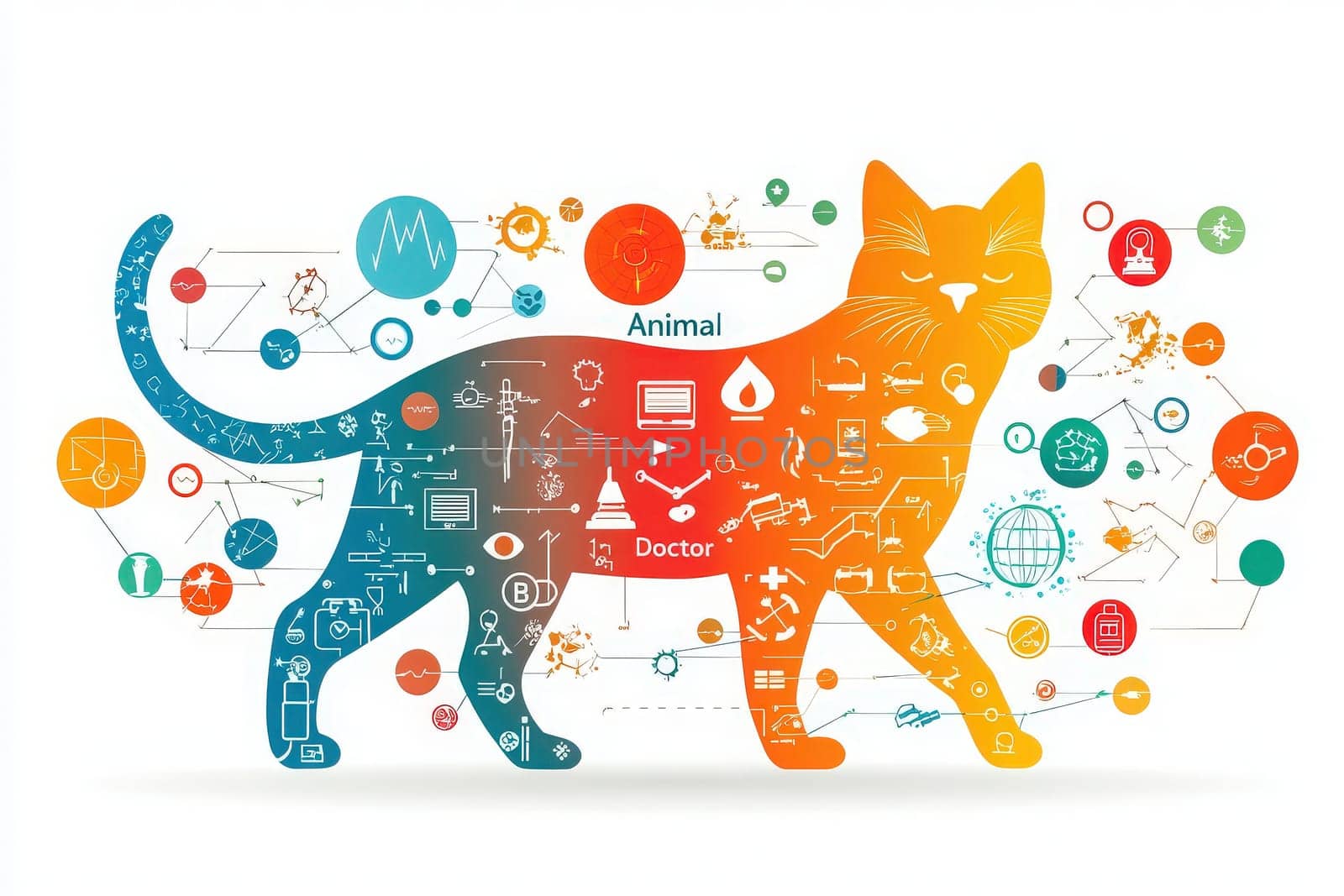 A vibrant illustration features a cat silhouette filled with various icons representing medicine and science. The background includes symbols reflecting veterinary care, research, and health.