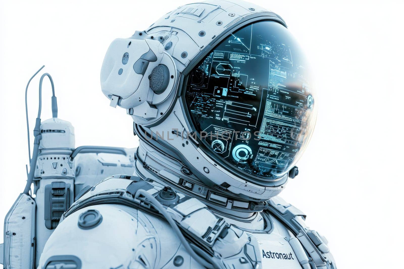 A figure in a futuristic spacesuit stands in a white, featureless environment. The helmet displays glowing data and digital information, showcasing technology and exploration.