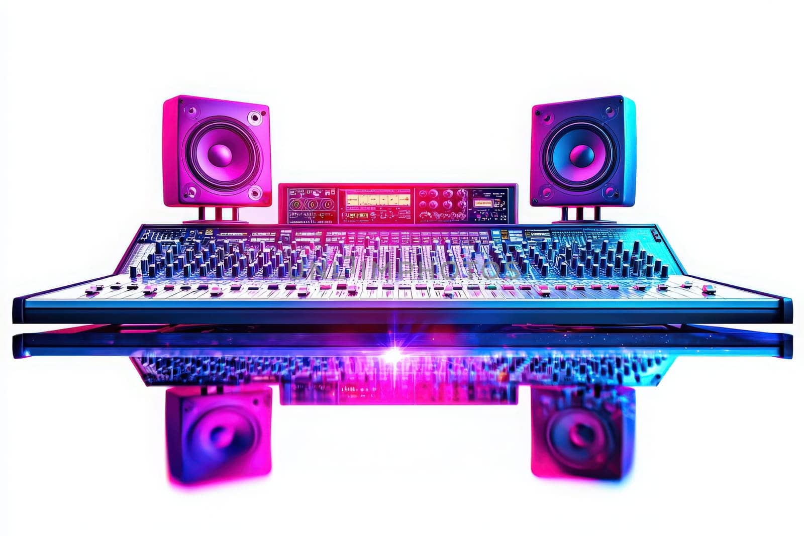 A mixing board featuring numerous knobs and sliders is set against a vibrant background with colorful lighting. The setup suggests an advanced audio production environment for music creation.