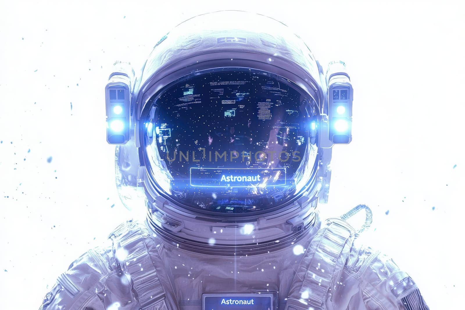 An astronaut is depicted in a high-tech space setting, wearing a helmet that displays digital information and data.