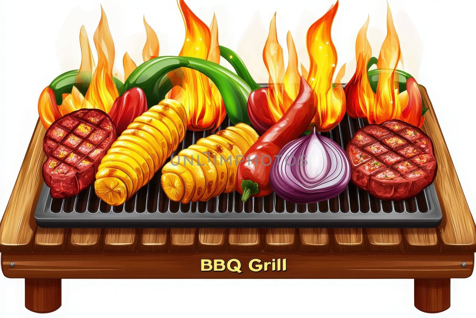 A barbecue grill is filled with a variety of meats and colorful vegetables, all cooking over bright flames. The scene captures the excitement of outdoor grilling on a warm evening.
