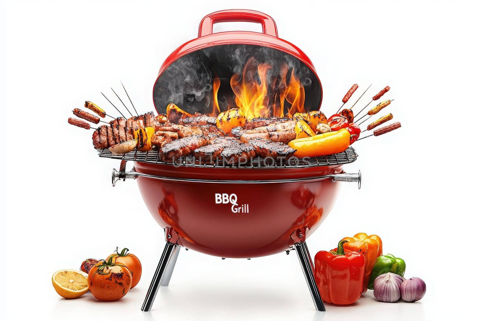 A vibrant red barbecue grill is filled with sizzling meats and colorful vegetables. Flames leap from the grill as skewers and various food items cook during a summer outdoor gathering with friends.