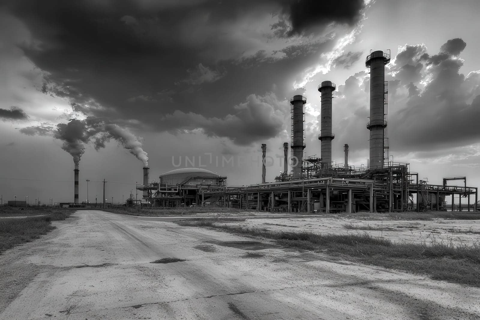 An industrial facility with multiple tall smokestacks emits smoke into the atmosphere. The landscape features a dirt road, with dark storm clouds looming overhead, creating a dramatic atmosphere.