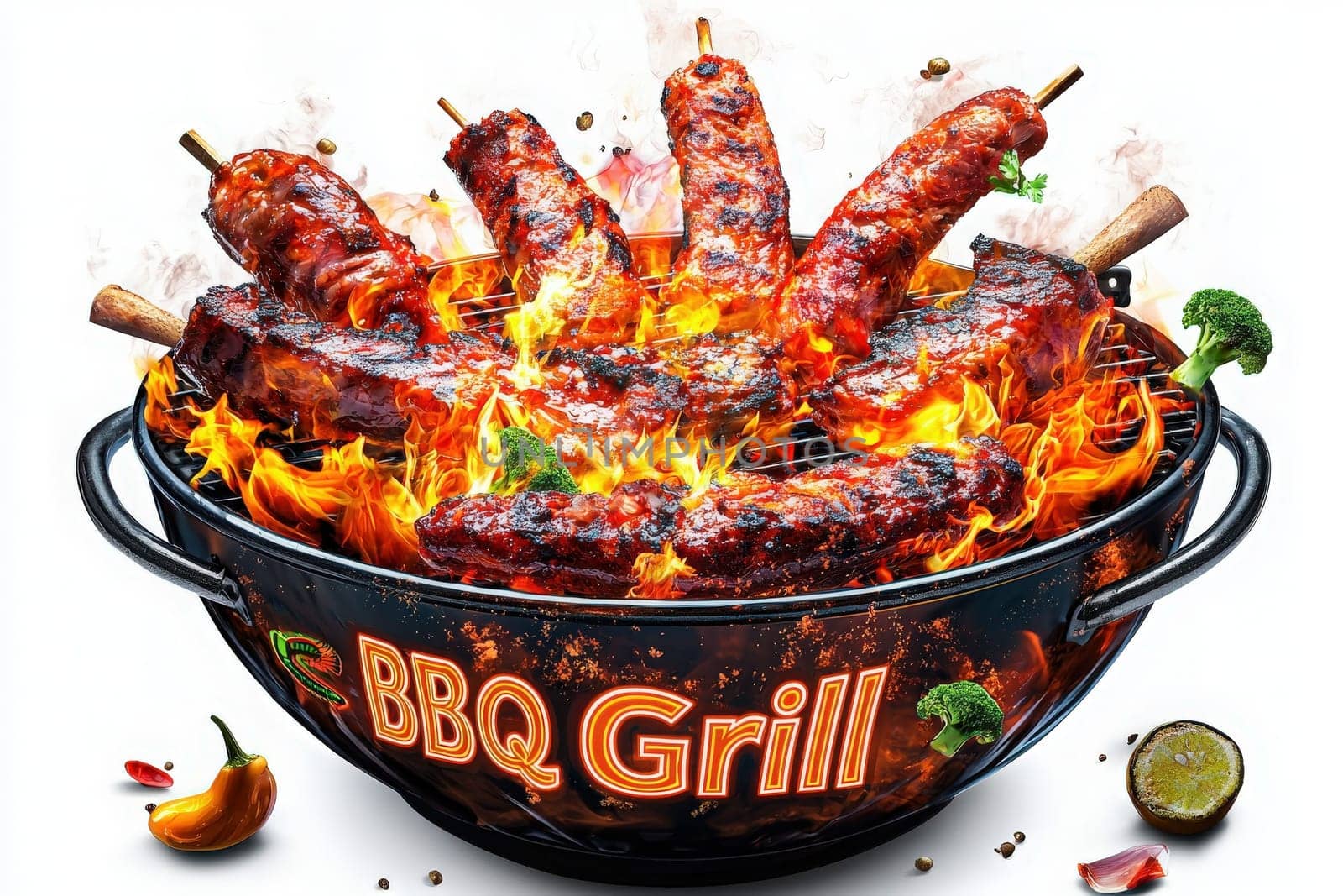 A BBQ grill filled with various meats is engulfed in flames and smoke, showcasing a vibrant cooking atmosphere with spices scattered around, perfect for a summer cookout.