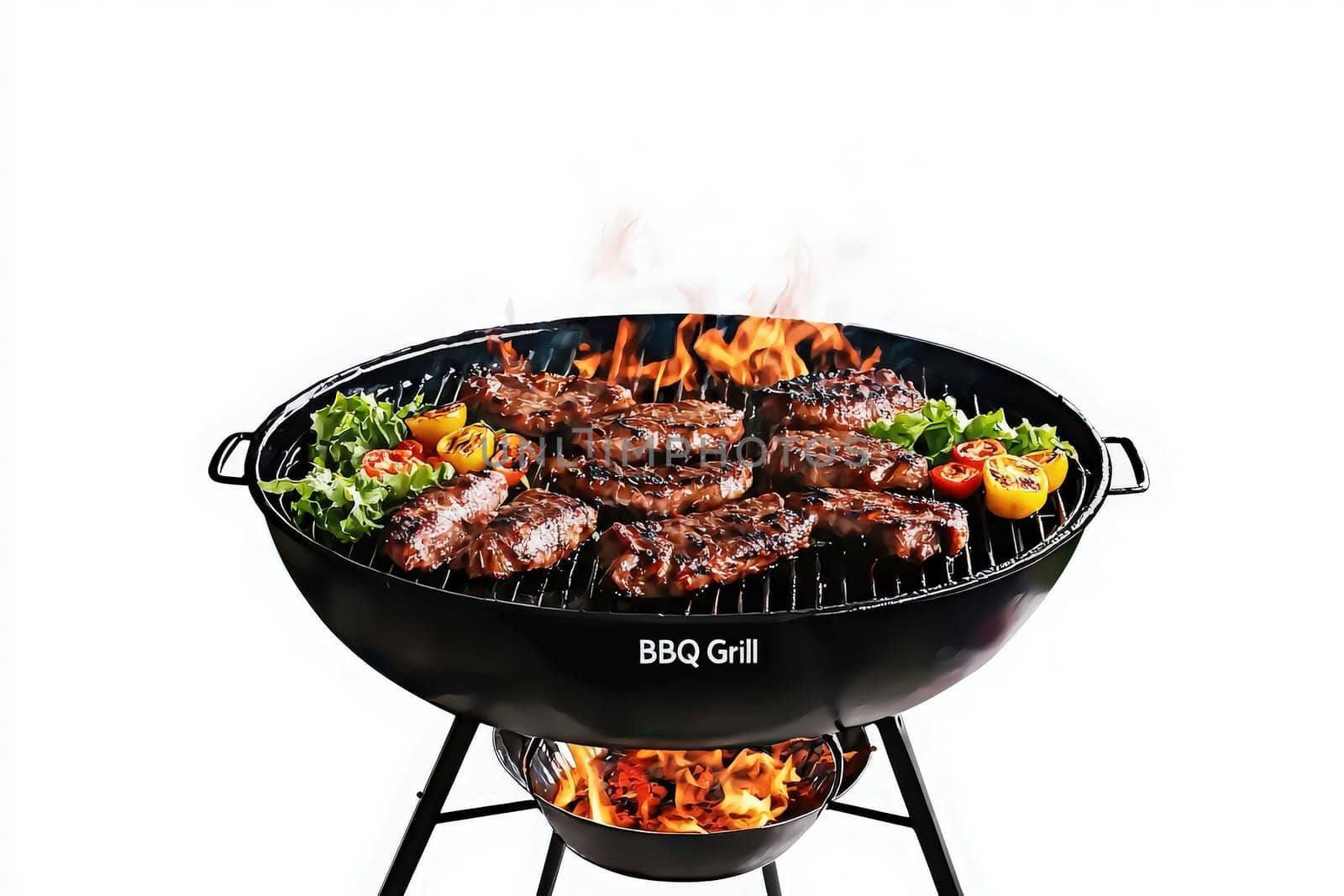 Juicy marinated steaks and colorful vegetables cook over an open flame on a barbecue grill, creating a delicious aroma. Fresh greens and peppers add vibrant color to the feast, enticing all.