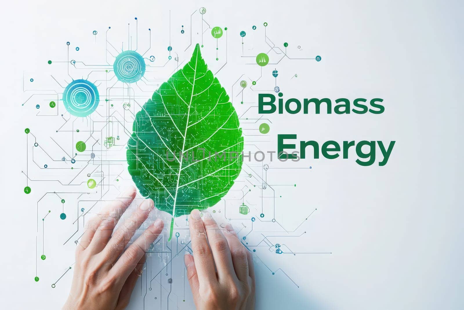 Hands interact with a vibrant green leaf graphic symbolizing biomass energy, framed by digital circuitry. The blend of nature and technology showcases sustainable energy solutions.