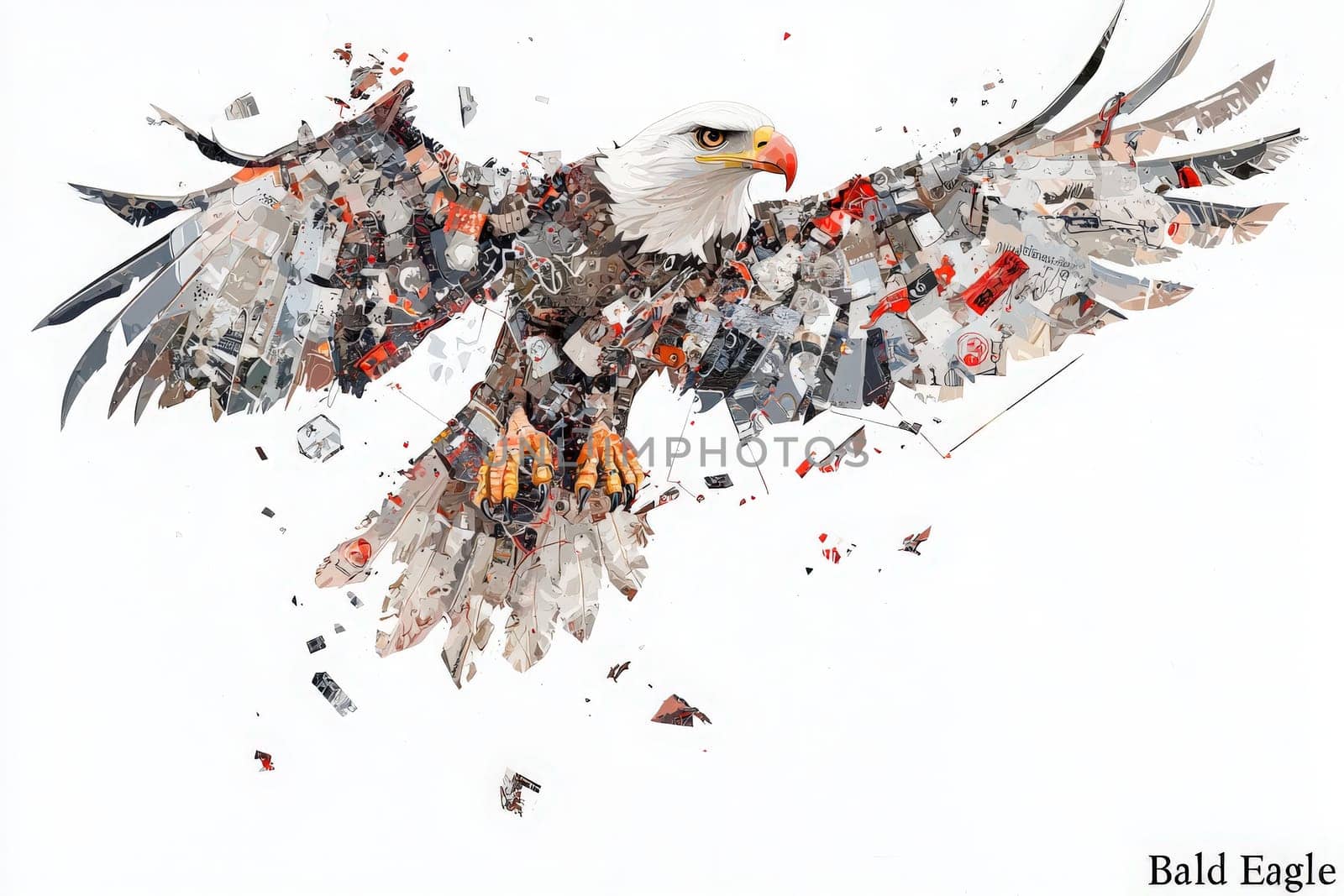 A stunning representation of a bald eagle formed from a collage of diverse images. The eagle appears as if in flight, symbolizing strength and freedom, showcasing intricate details and colors.