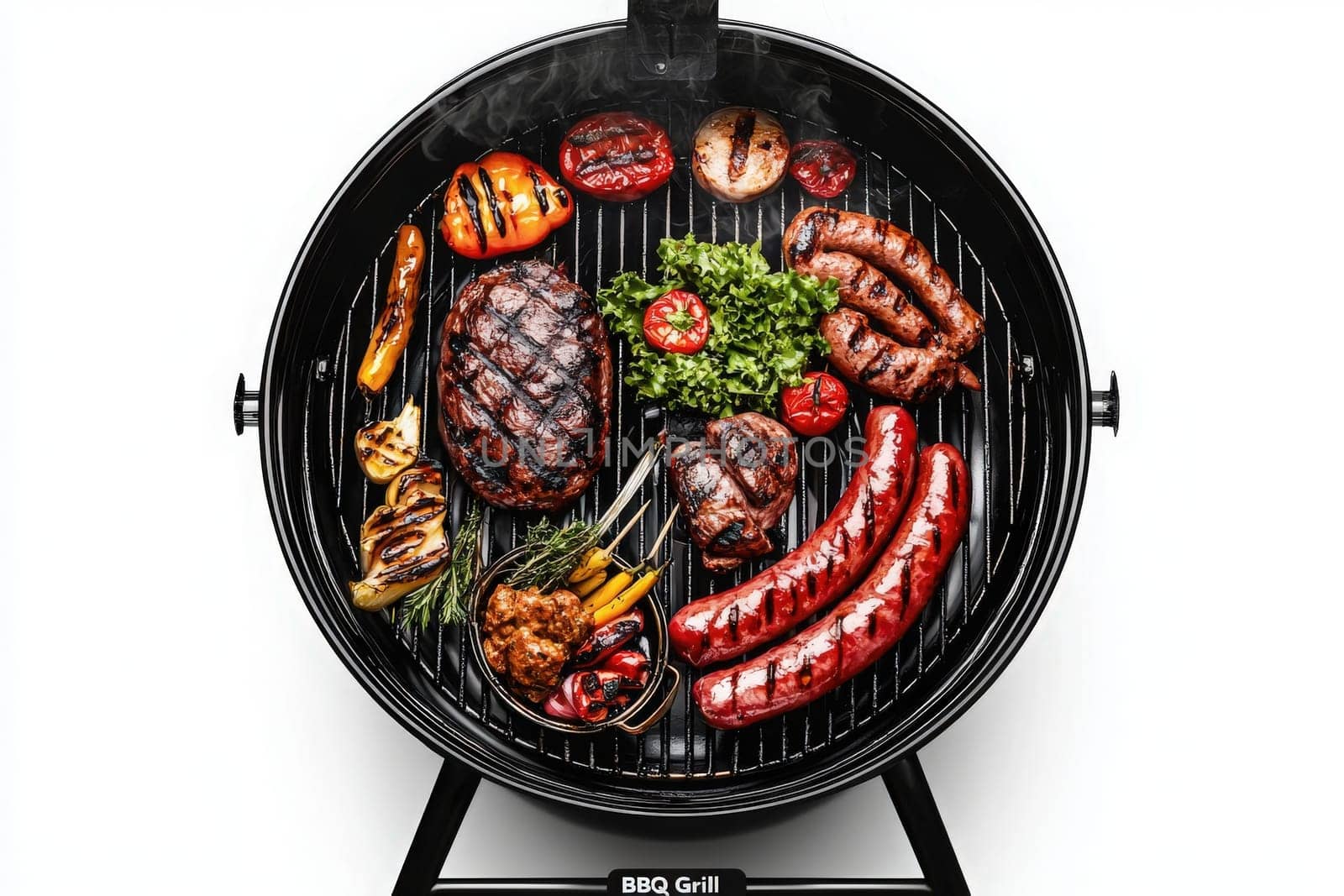 A variety of meats and vegetables are perfectly grilled on a charcoal barbecue grill. Sausages, steak, and fresh vegetables are arranged attractively, ideal for summer gatherings and outdoor meals.