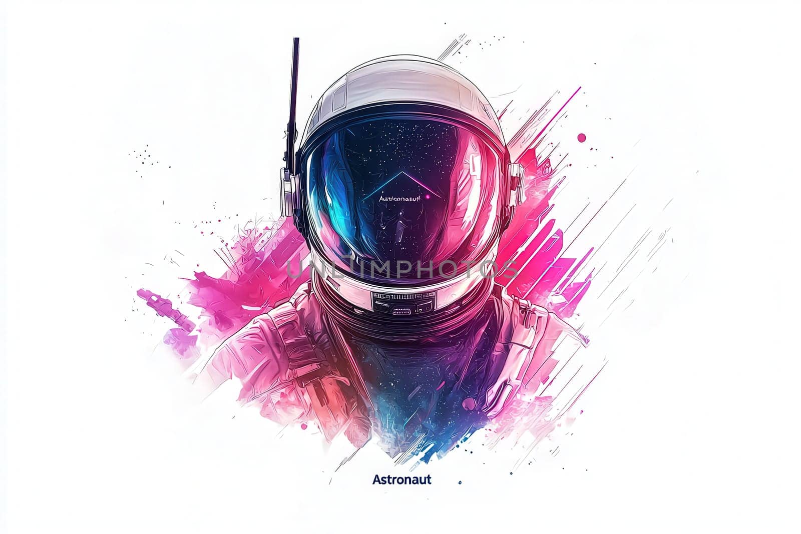An astronauts helmet is depicted with a vivid splash of colors, embodying the spirit of space exploration. The artistic design merges technology and creativity in a striking visual.