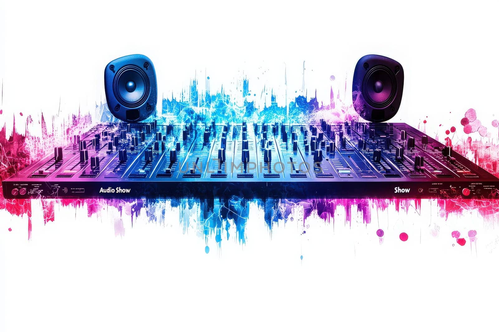 A sound mixer is showcased with bright blue and pink splashes of color surrounding it, symbolizing the energy and excitement of live music events. Speakers flank the mixer.