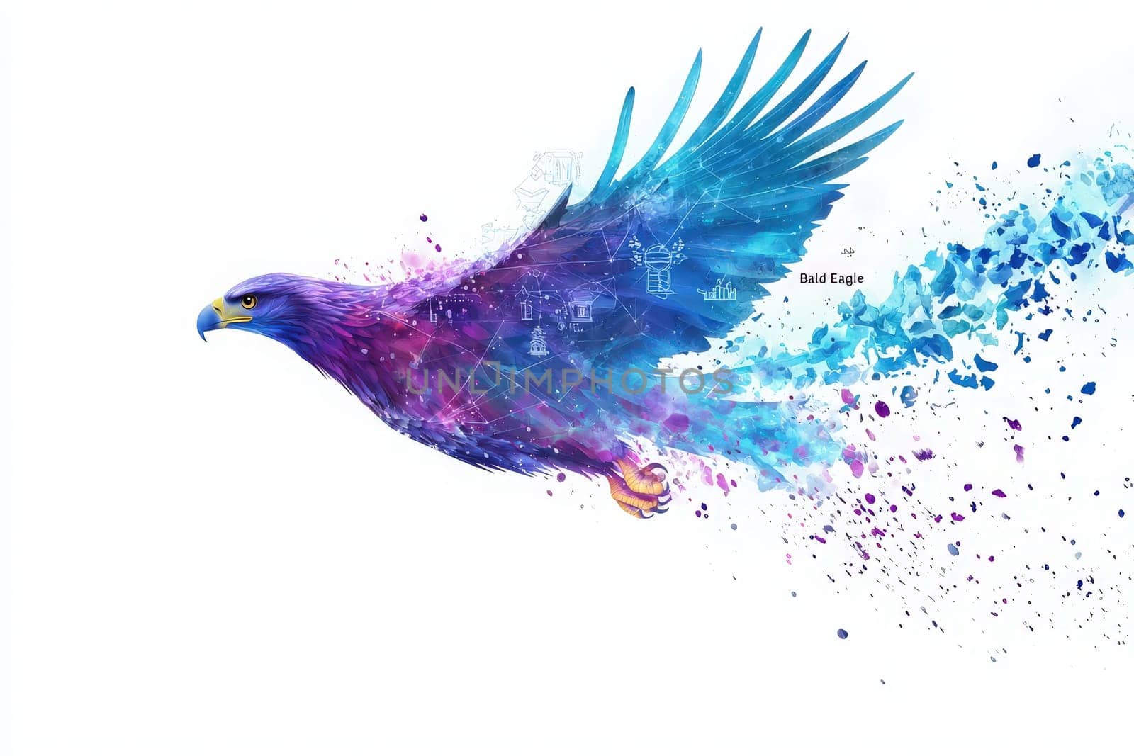 A bald eagle is depicted in a dynamic flight, blended with a spectrum of colors creating an abstract effect. The eagles wings are wide, showcasing strength and freedom.