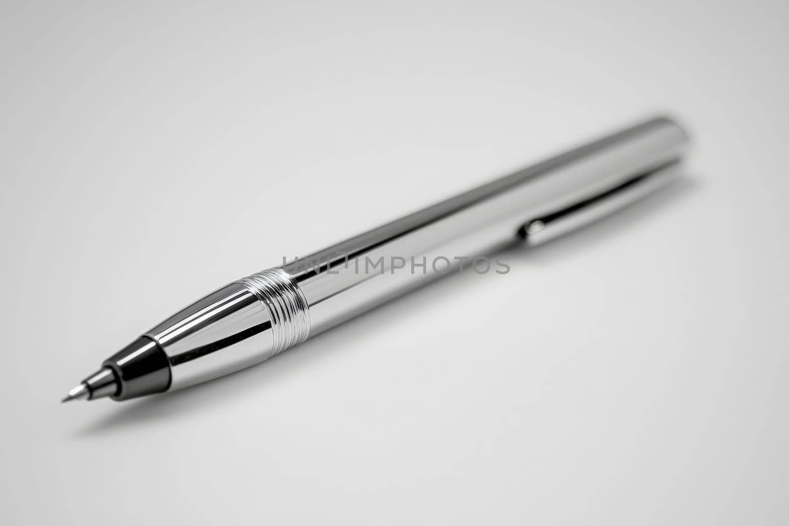 A sleek silver pen lies on a smooth light gray surface, showcasing its shiny metallic finish. The simplicity of the setting emphasizes the pens design and craftsmanship.