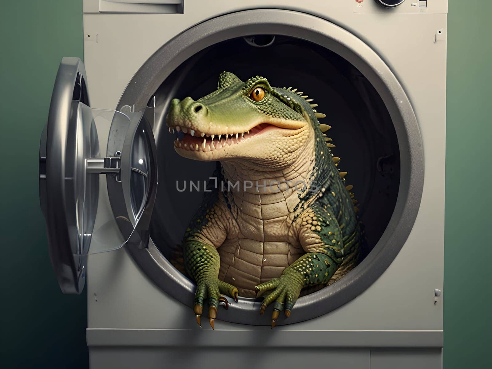 Funny crocodile in the washing machine