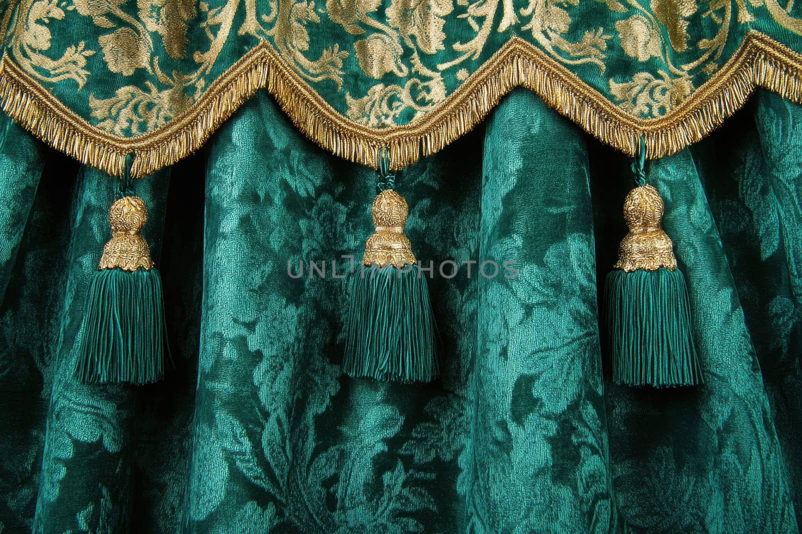 Exquisite emerald green velvet curtain featuring ornate gold trim and tassels. Perfect for luxurious stage settings, home interiors, or elegant events.
