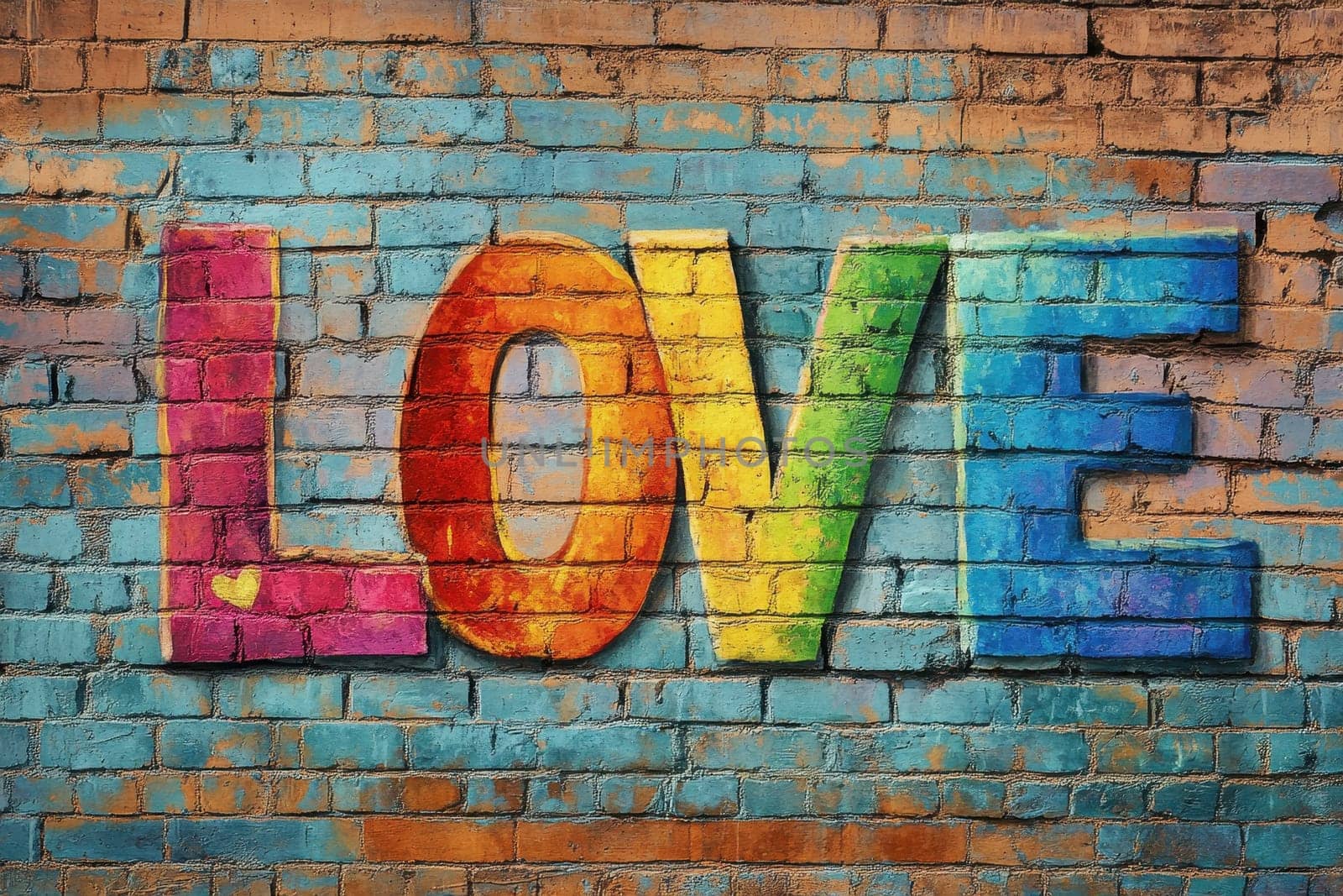 Discover a vibrant hand-painted mural depicting love in bold rainbow colors on a textured brick wall. Perfect for brightening up any space!