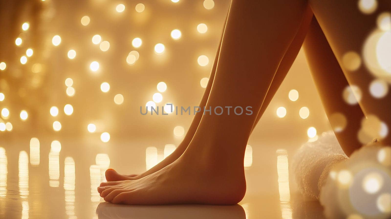 Feet close-up, relaxing atmosphere with soft lighting .spa and self-care concept