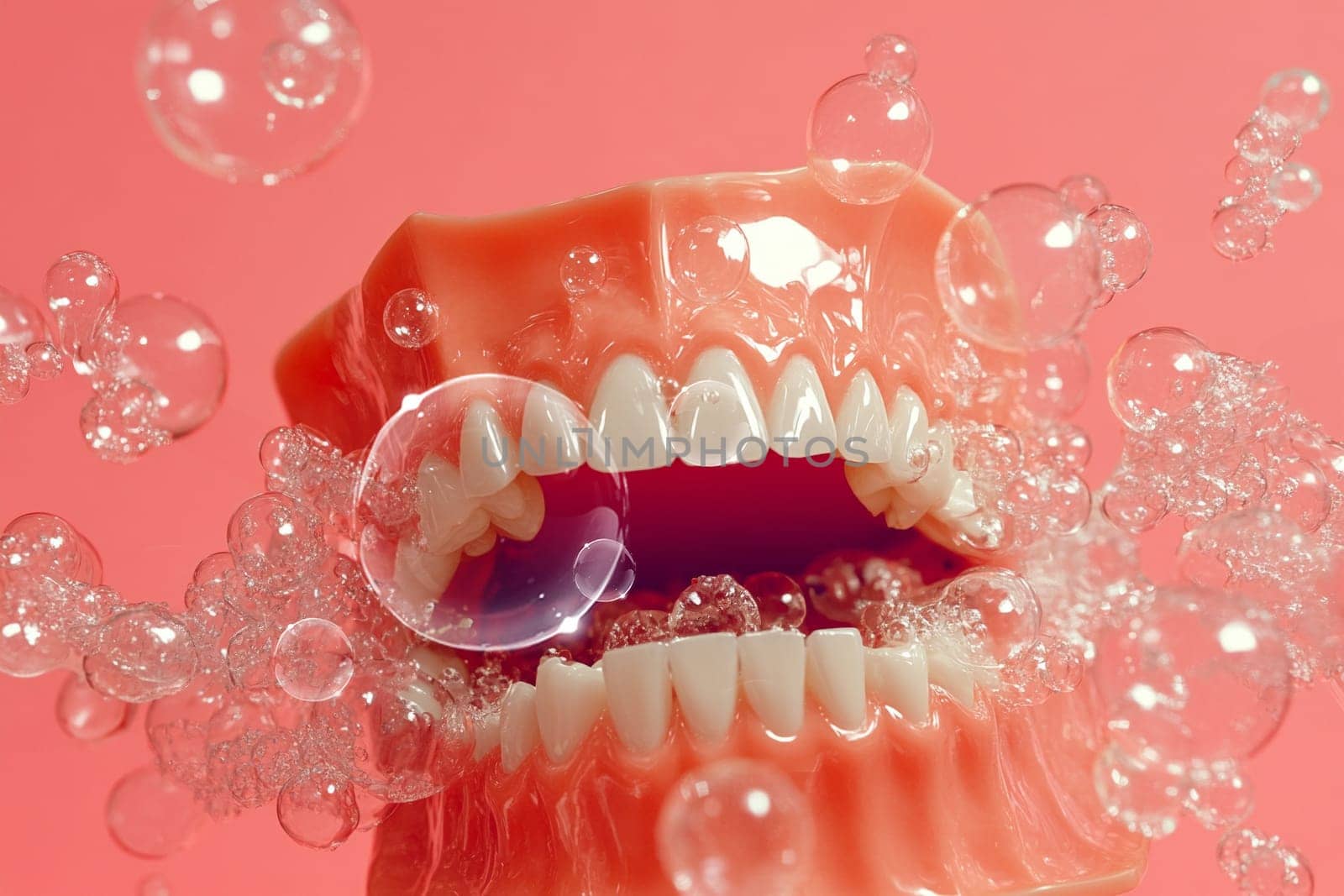 Close-up of a plastic jaw among the Bubbles on a pink background.