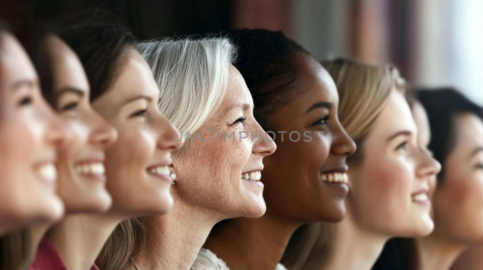 Side profiles of smiling women standing in a row. People with different skin tones and textures, some dark-skinned, some light-skinned. Diversity and multiracial