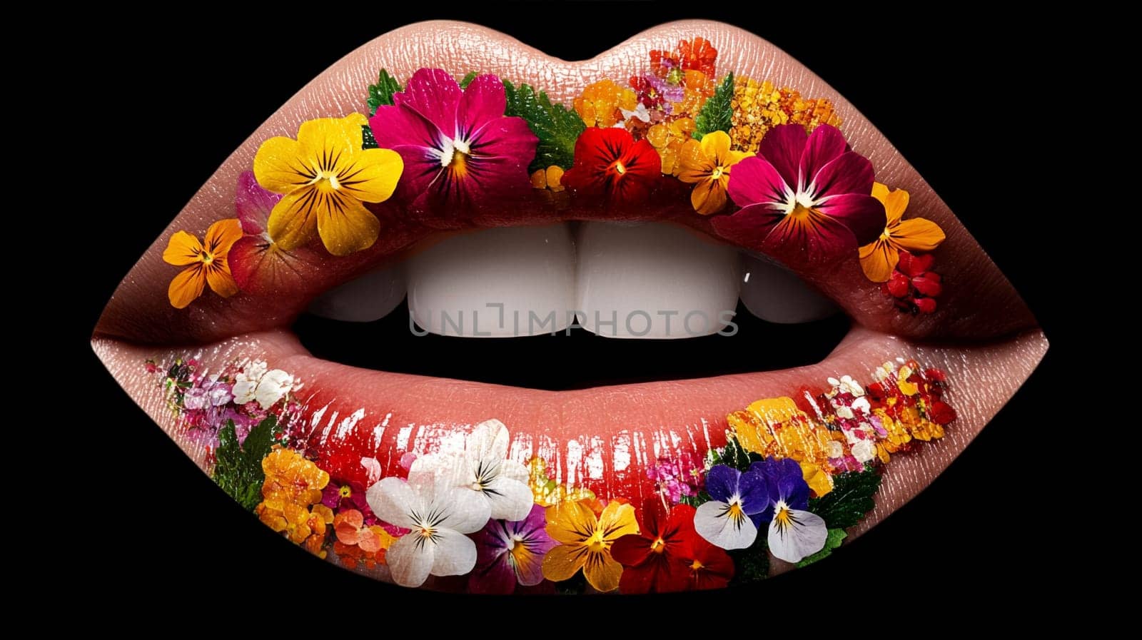 close-up of lips decorated with colorful flowers, the petals of which are artistically arranged according to the shape of the lips, showing the fusion of nature and cosmetics.