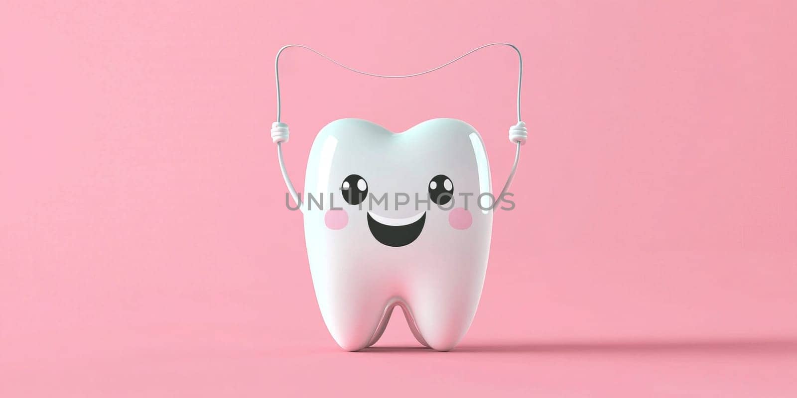 Smiling Cartoon Tooth Holding Dental Floss With Hands Over Head .Oral Care And Dental Health Concept