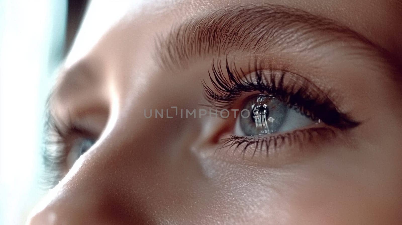 Close-up of gray blue eyes of woman with beautiful makeup.Close-up of eyes, perfect eyelashes, sharp gaze