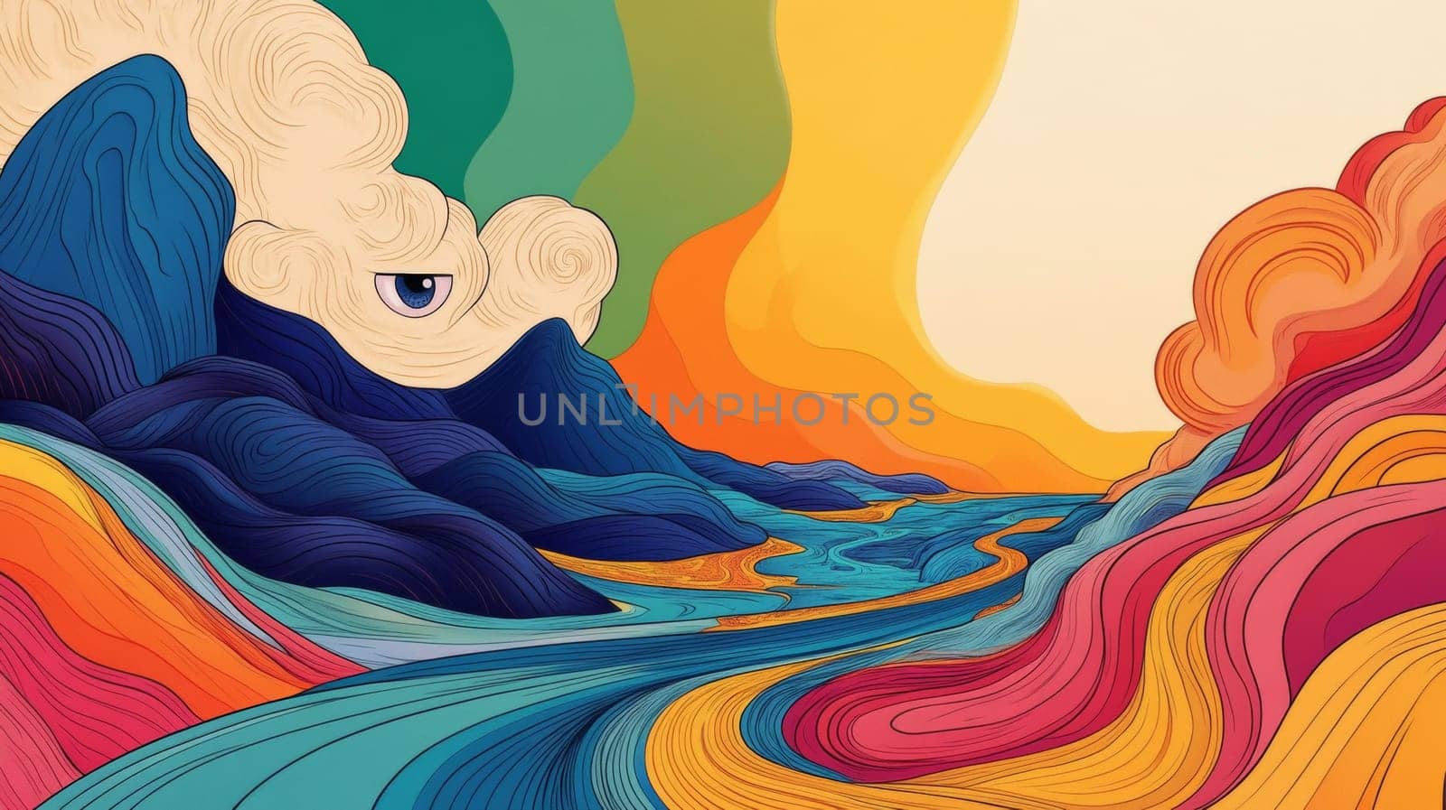 A psychedelic landscape with melting mountains, bubbling rivers and cartoon clouds with eyes.