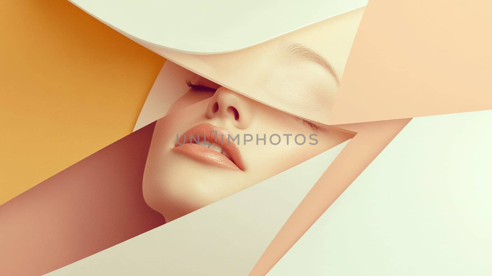close-up of parts of the face that emphasize the cheeks and lips, but do not show all the facial features. soft lighting and elegant look, neutral paper background.