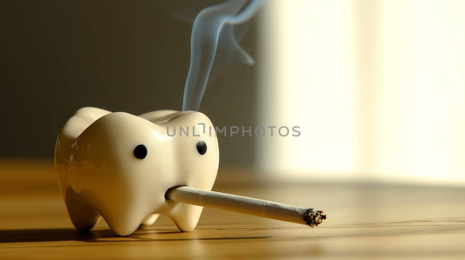 Tooth smoking a cigarette.Concept of harm of smoking for teeth