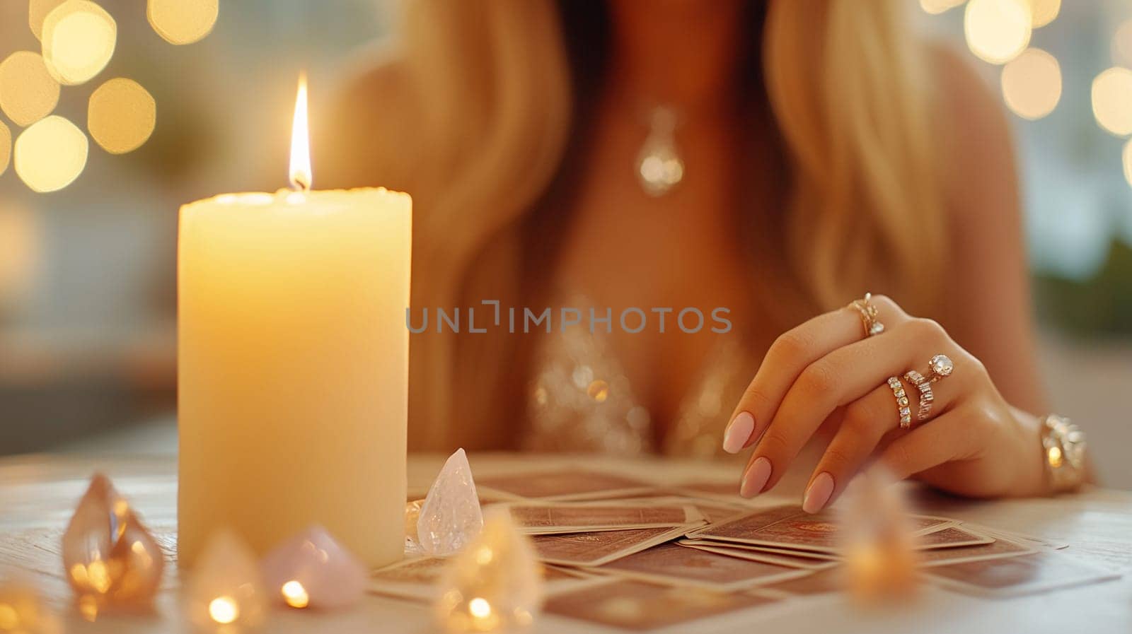 A woman sits in soft lighting at a divination table covered with tarot cards. Candles burn on the table and crystals are scattered, creating an atmosphere of mystery.