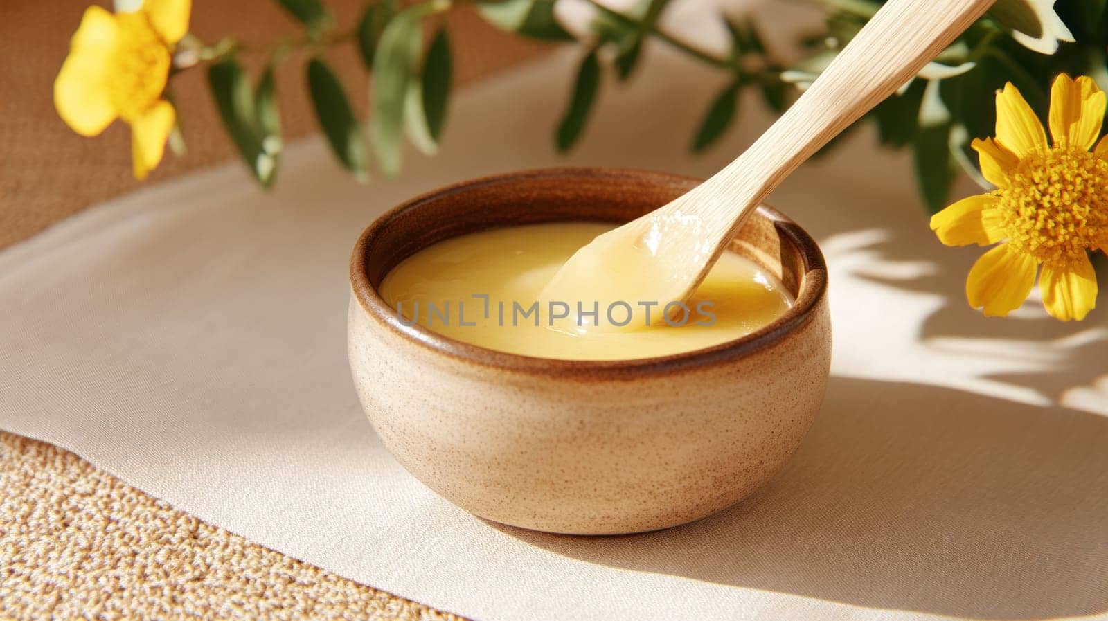 A simple healing ointment in a small bowl, with herbs nearby. A wooden spoon stirs the ointment, which becomes rich and golden.