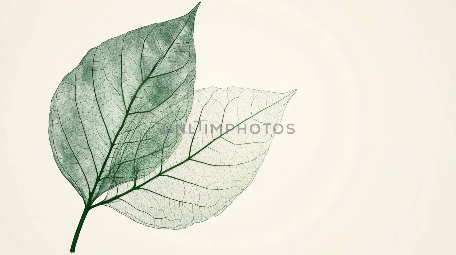 A simple illustration of a single green leaf with veins. The leaf is fresh and bright, symbolizing life and preserving the environment. copy space