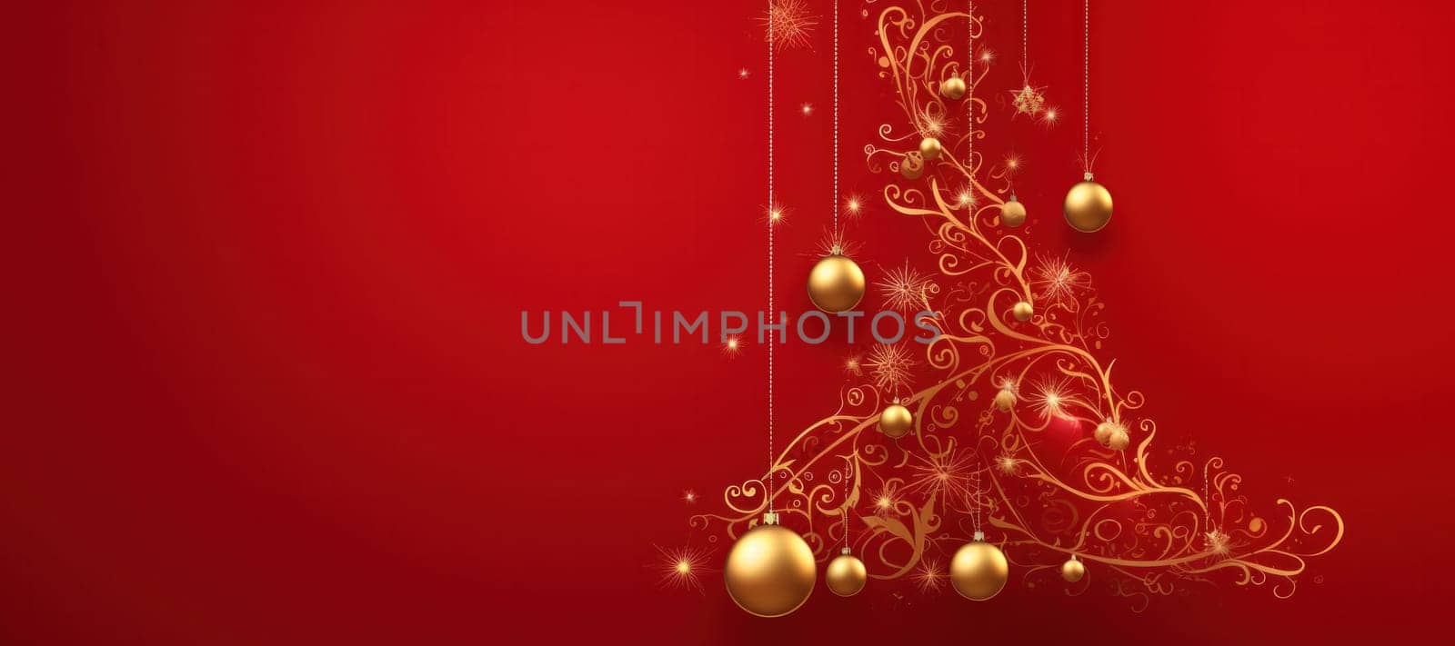 Christmas Card with Golden Christmas Tree and Christmas Balls on Red Background.copy space