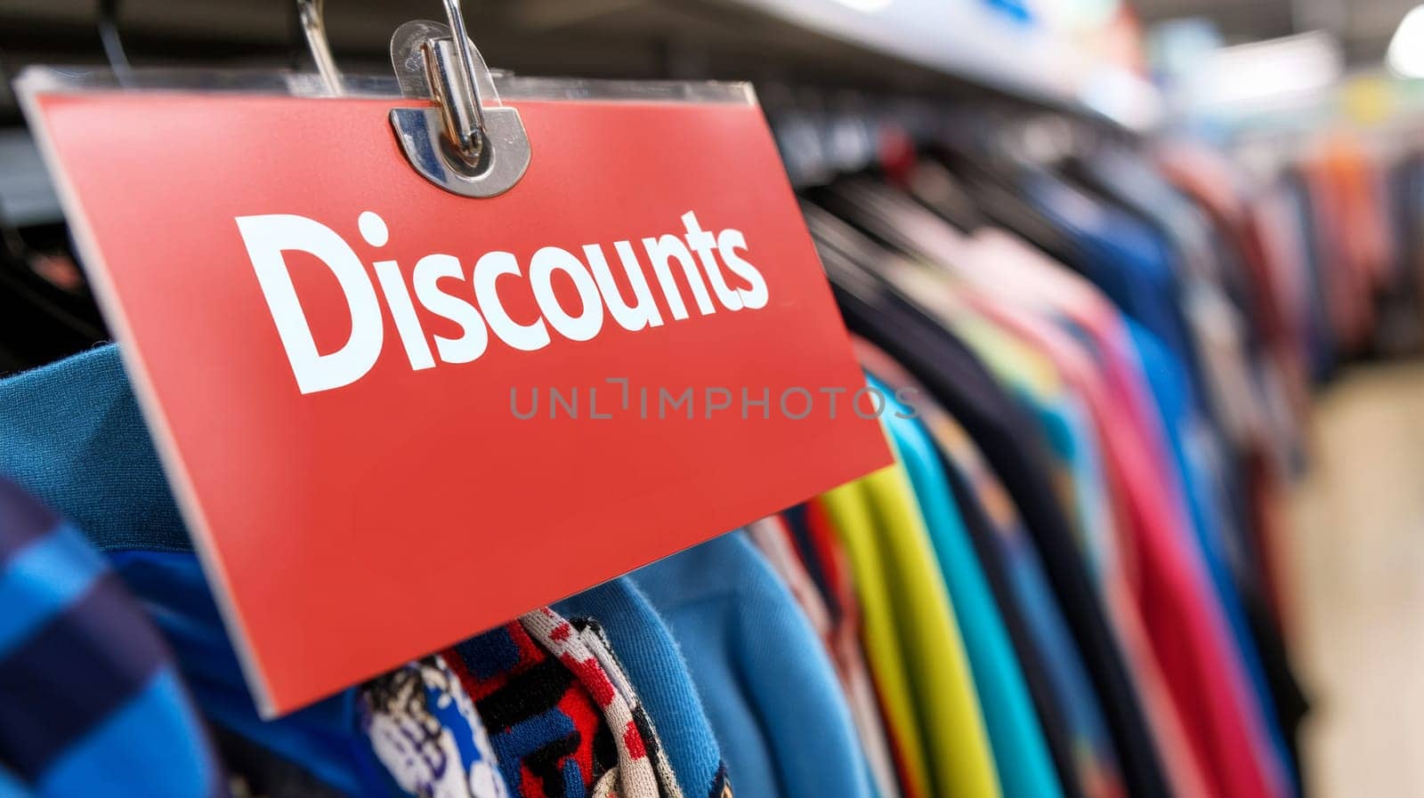 Red banner with the word discount written in large letters.banner hanging on clothes in store