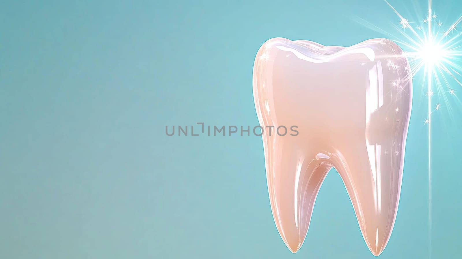 Illustration of a shiny white tooth with a glitter around it, symbolizing a clean and healthy mouth. on a light blue background