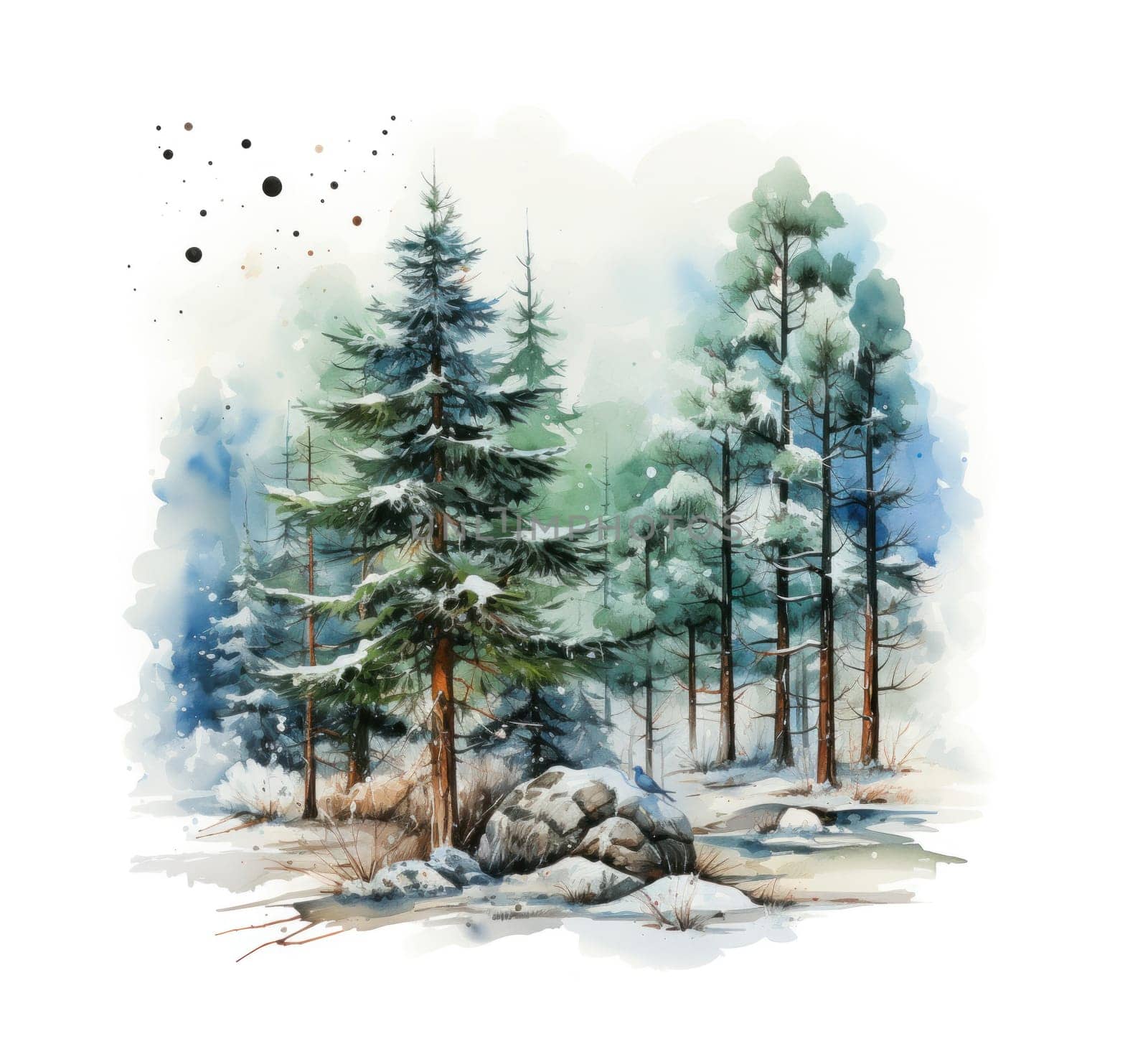 Winter Forest in Snow on White Background.In Watercolor Style